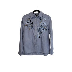 Lwie Striped Floral Embroidered Applique Button Up Long Sleeve Shirt Womens Sz M